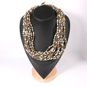 Gold, Silver & White Seed Bead Necklace